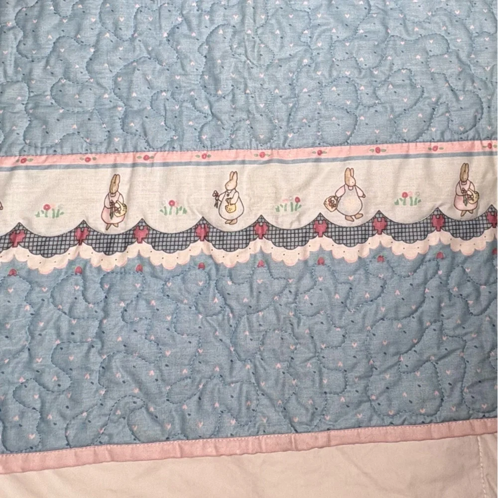 Adorable Pink and Baby Blue Quilted Bunny Trim Baby Blanket